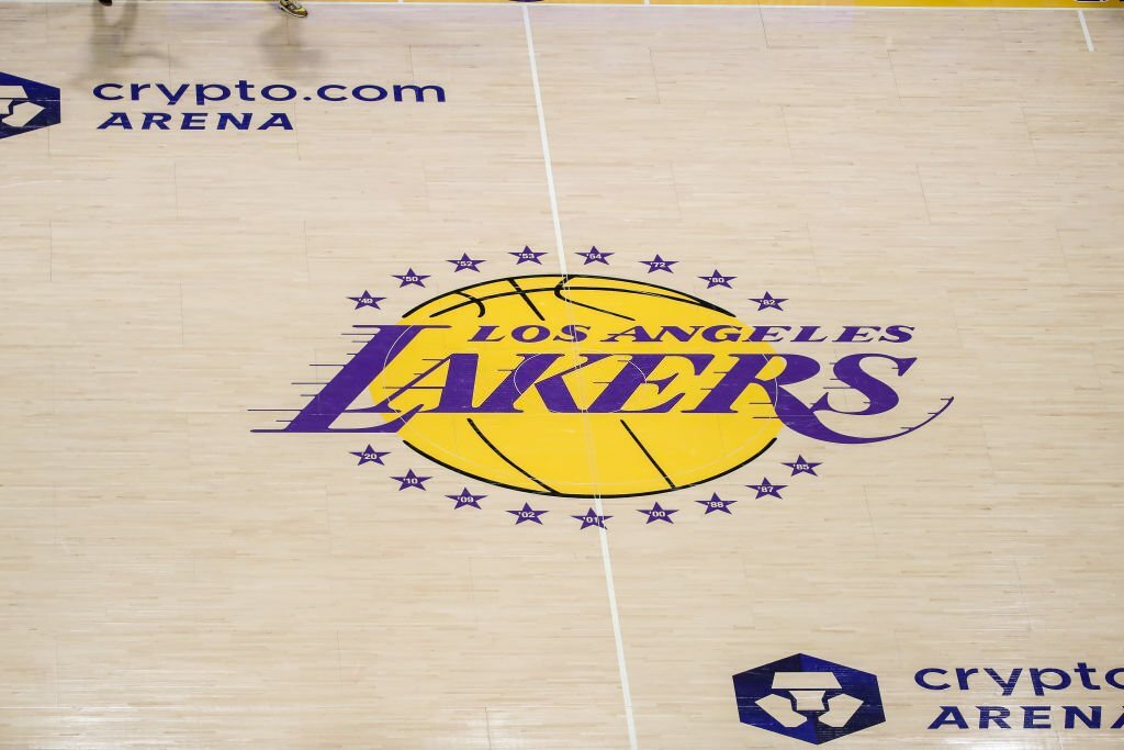 Los Angeles Lakers upper court view of the logo during game 4 of the NBA Western Conference Semifinals between the Golden State Warriors and the Los Angeles Lakers on May 08, 2023, at Crypto.com Arena in Los Angeles, CA. 