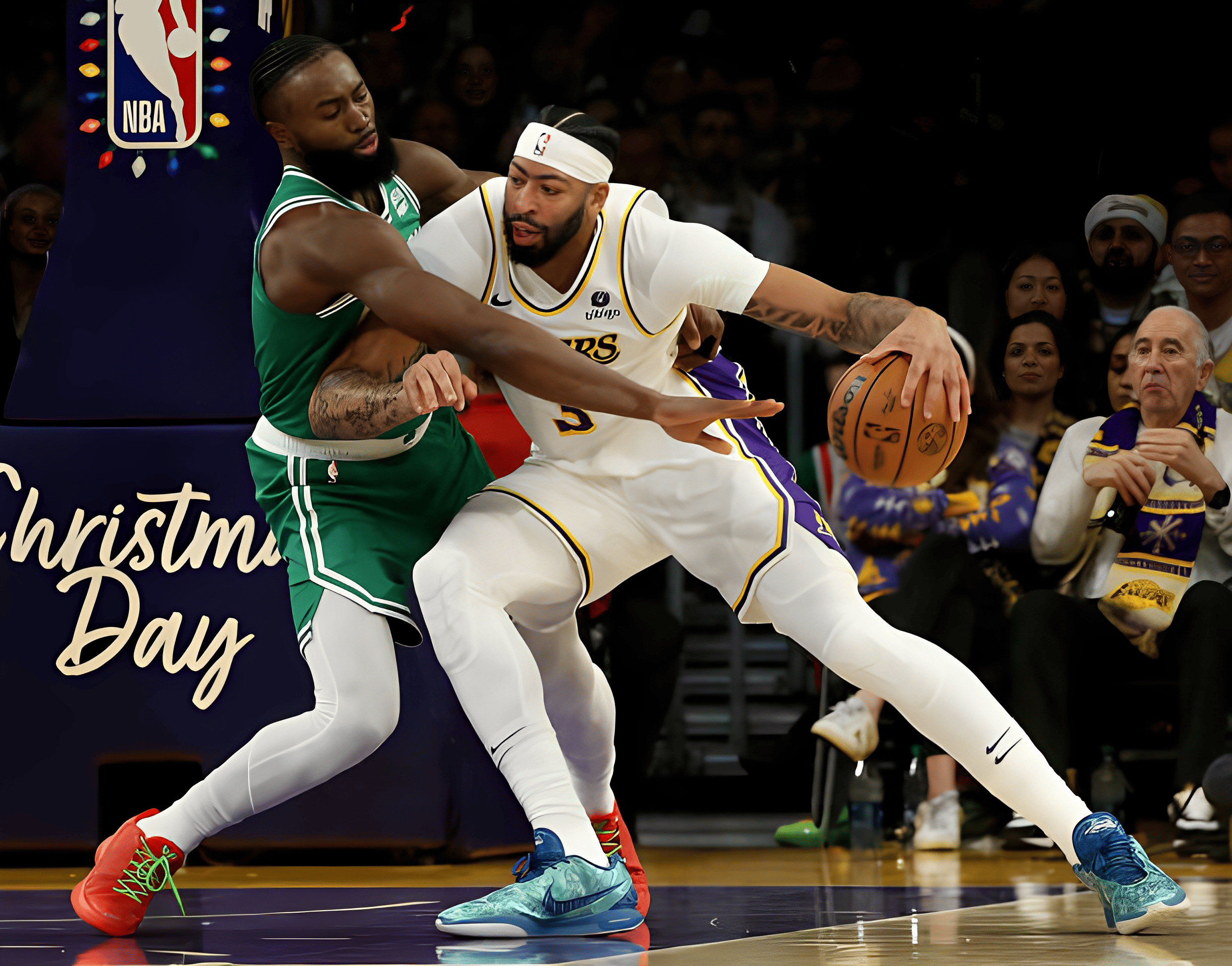 Lakers big man Anthony Davis drives to the basket against Celtics forward Jaylen Brown in the first half at Crypto.com Arena in Los Angeles on Christmas Day, Dec. 25, 2023. 
