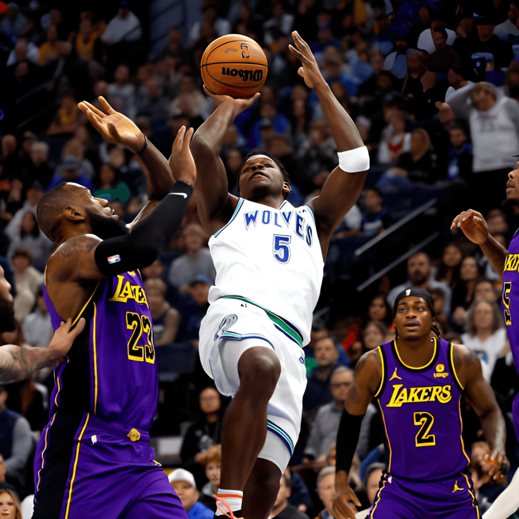 Anthony Edwards (#5) of the Timberwolves shoots as LeBron James (#23) of the Lakers defends in Minneapolis.