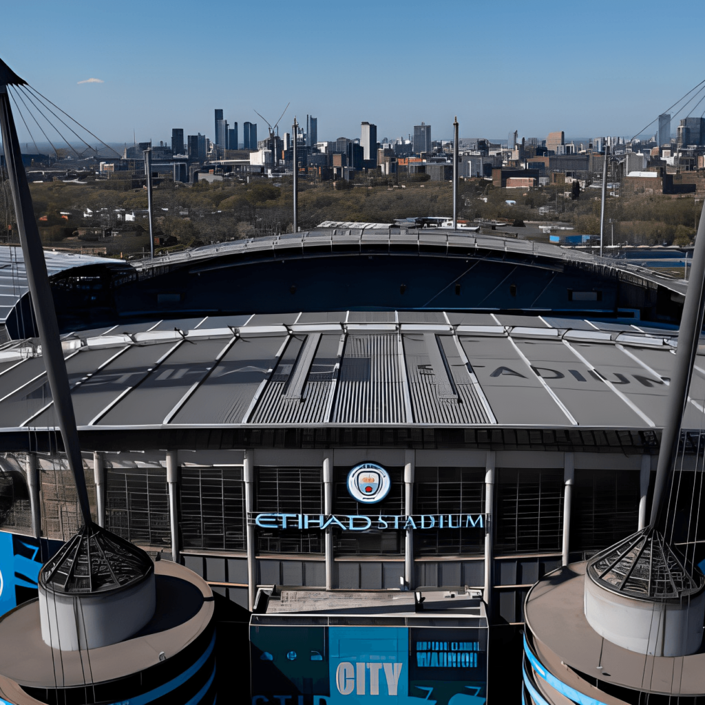 Aerial view of Etihad Stadium, Manchester City's home, with Manchester skyline in the background.