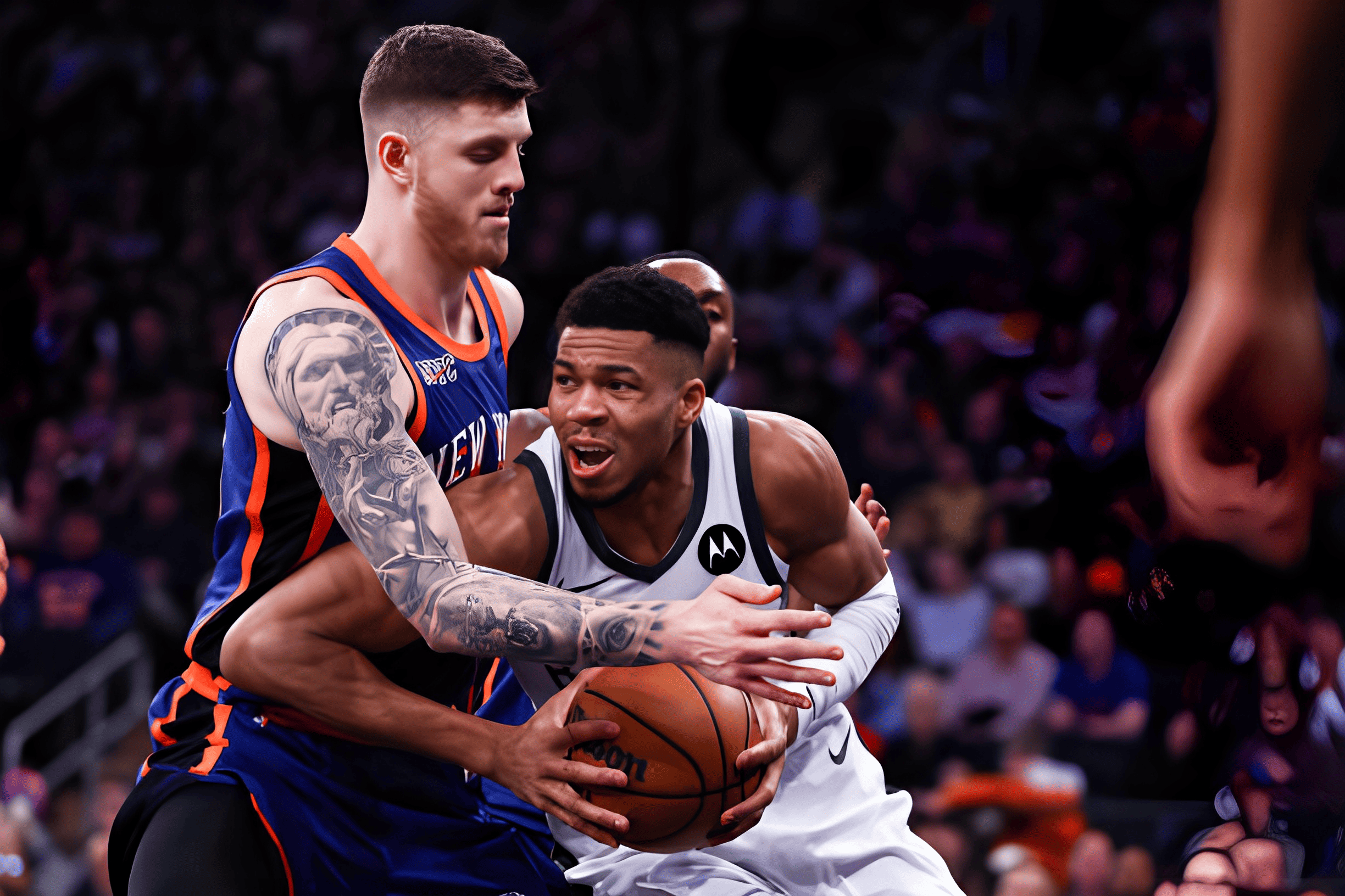 Giannis Antetokounmpo #34 of the Milwaukee Bucks is guarded by Isaiah Hartenstein #55 of the New York Knicks during the fourth quarter of the game at Madison Square Garden on December 23, 2023 in New York City.