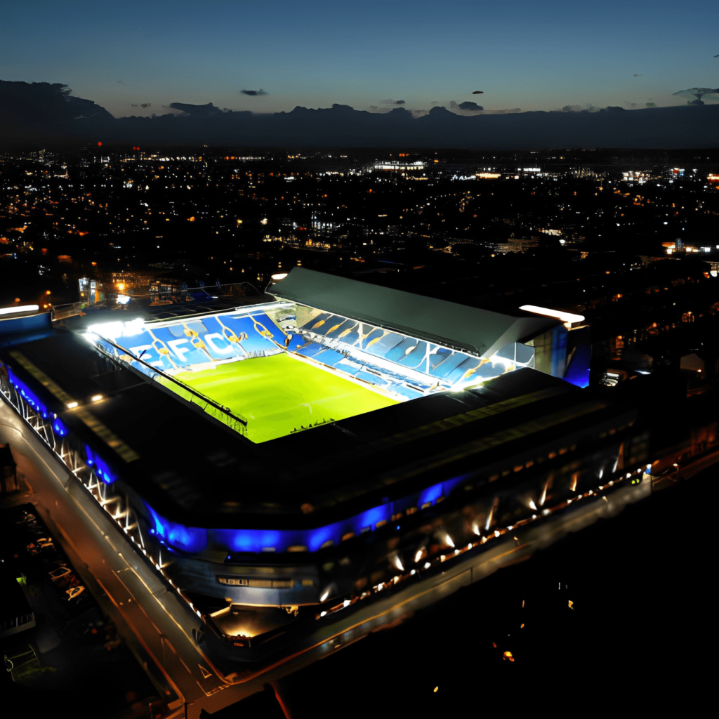 Aerial view of Goodison Park before Everton FC vs Manchester City Premier League match on December 27, 2023 in Liverpool, England.