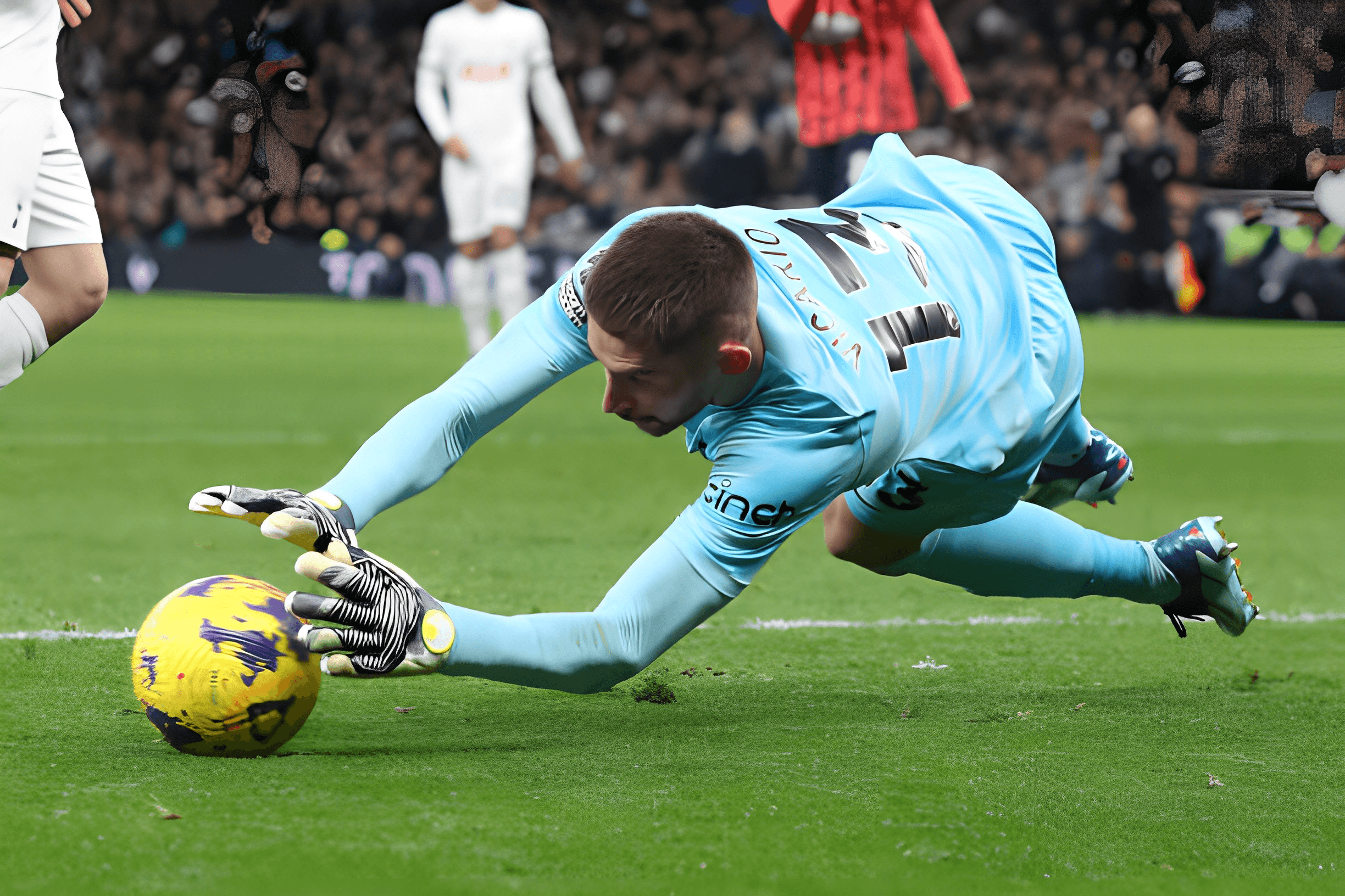 Tottenham Hotspur goalkeeper Vicario dives to save the ball in a Premier League match at Tottenham Hotspur Stadium in London, England.