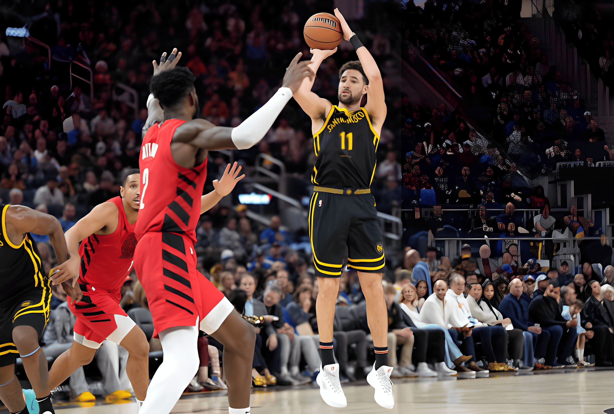 Klay Thompson #11 of the Golden State Warriors shoots a three-point shot against the Portland Trail Blazers during the second half at Chase Center on December 23, 2023 in San Francisco, California. 