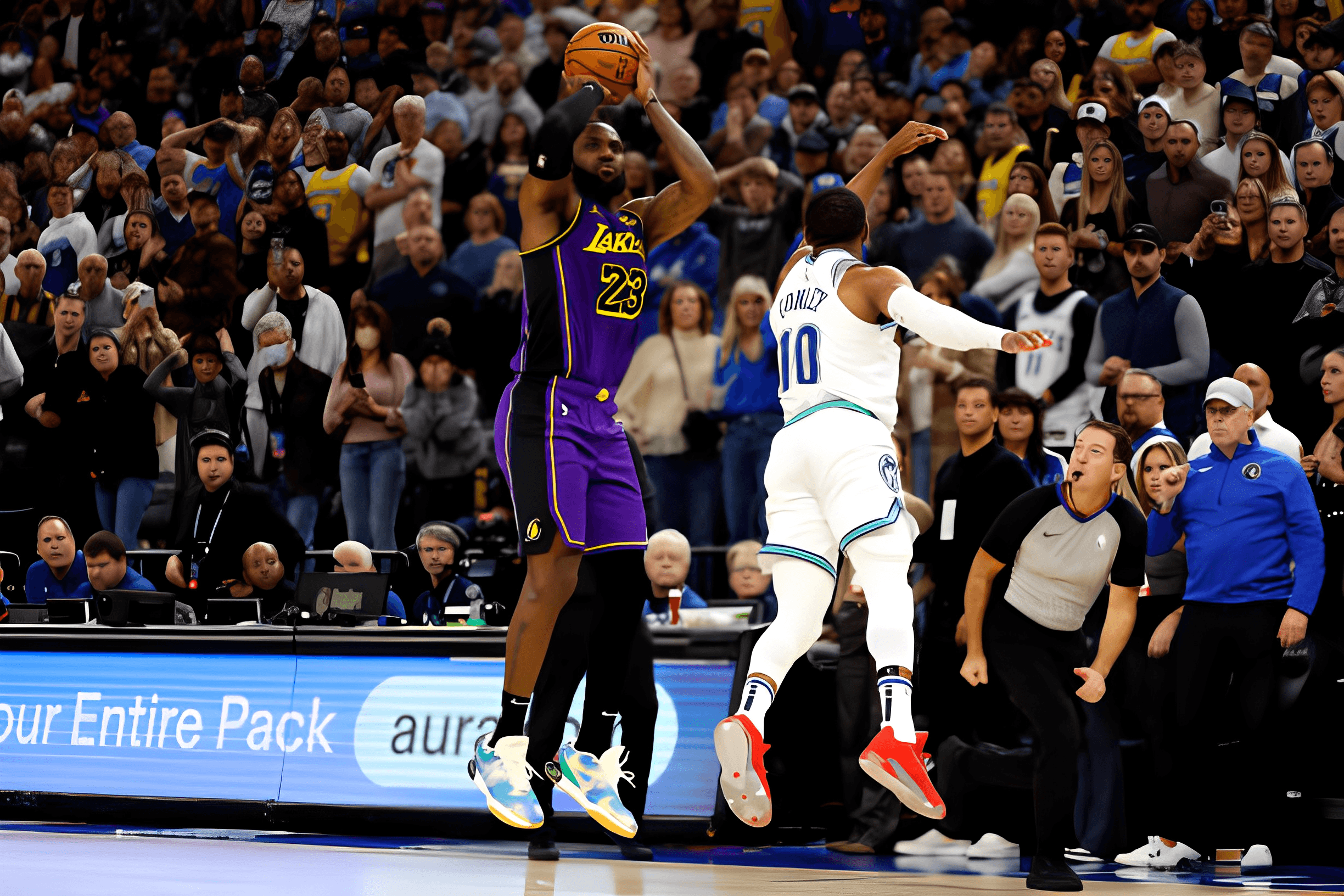 LeBron James shooting over Mike Conley in Lakers vs Timberwolves game at Target Center, Minneapolis.