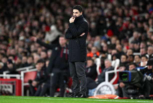 Mikel Arteta, Arsenal Manager, observing Premier League match between Arsenal FC and West Ham United at Emirates Stadium in London, England.