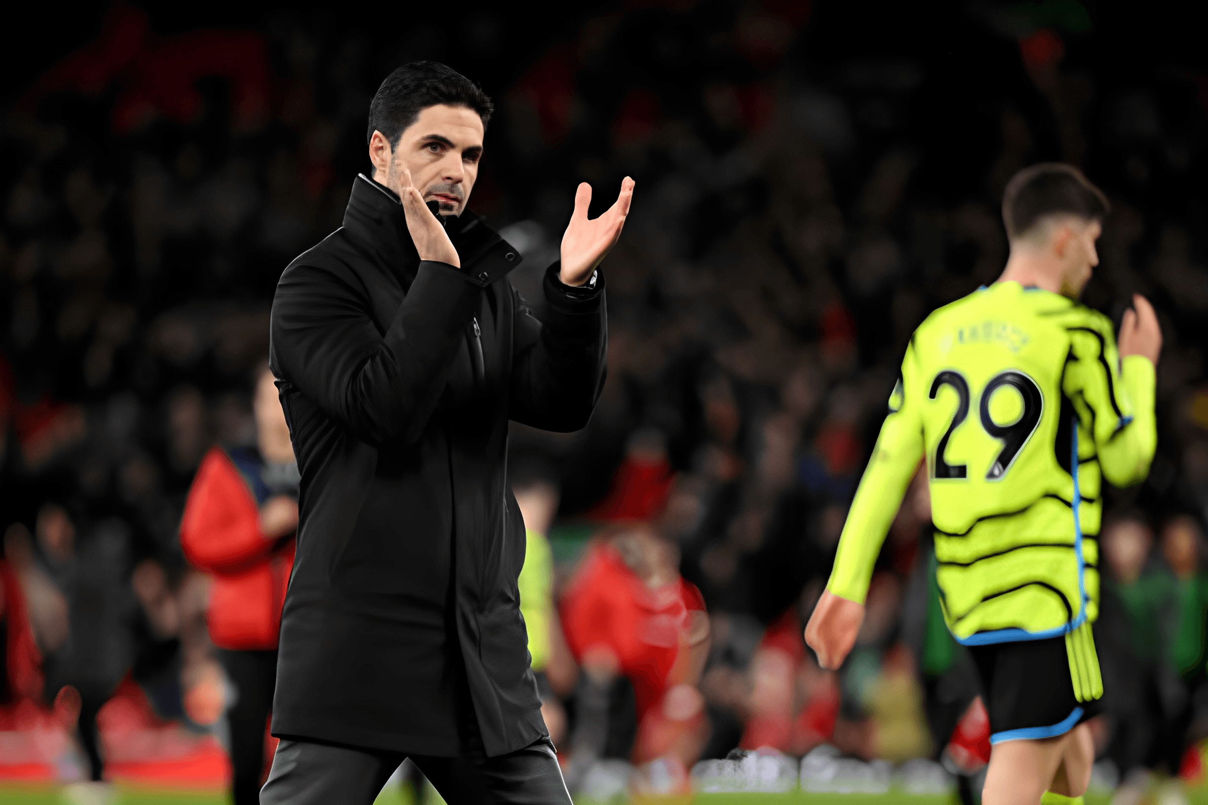 Mikel Arteta, Arsenal Manager, claps for fans after Premier League draw between Liverpool FC and Arsenal FC at Anfield on Dec 23, 2023.