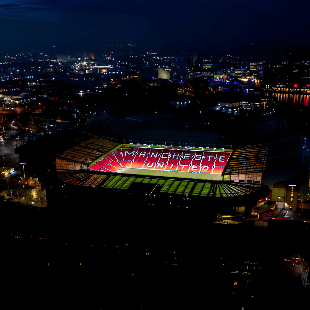 Aerial view of the stadium prior to the UEFA Champions League match between Manchester United and FC Bayern München at Old Trafford on December 12, 2023 in Manchester, United Kingdom.