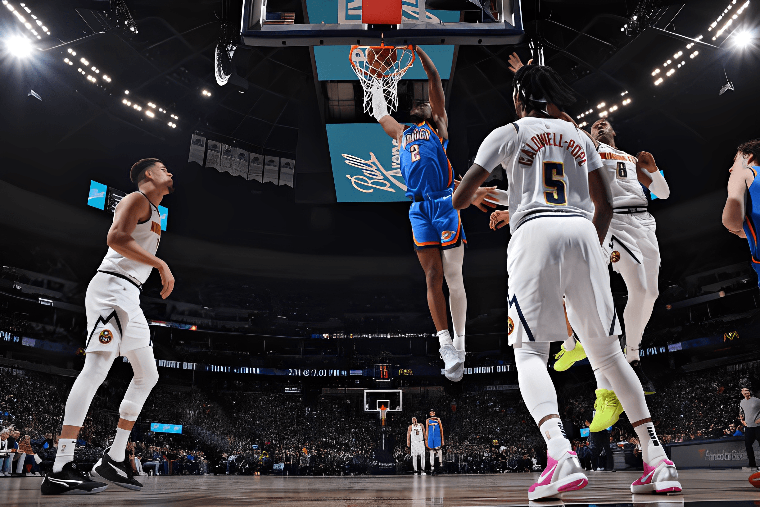 Shai Gilgeous-Alexander drives to the basket during the Thunder vs. Nuggets game at Ball Arena in Denver, Colorado.