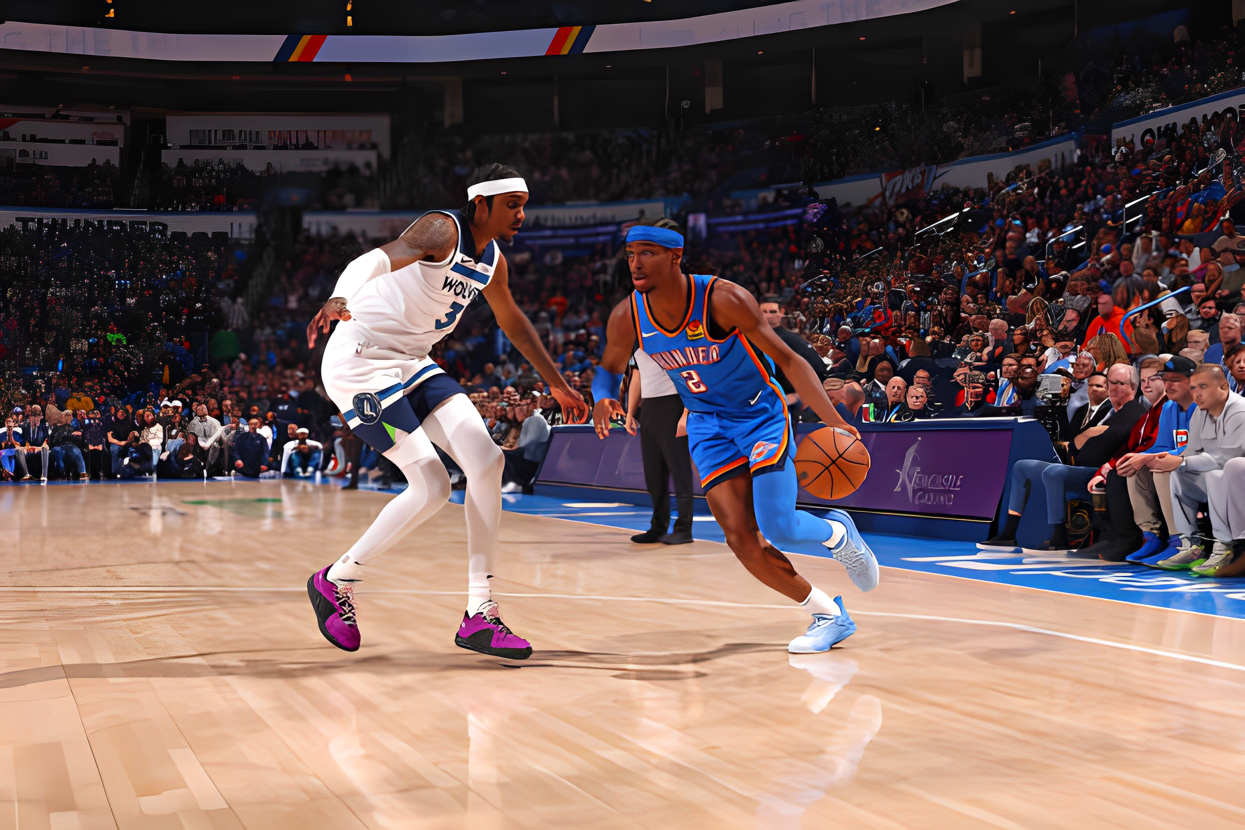 Shai Gilgeous-Alexander dribbling the ball for the Oklahoma City Thunder against the Minnesota Timberwolves at Paycom Arena.