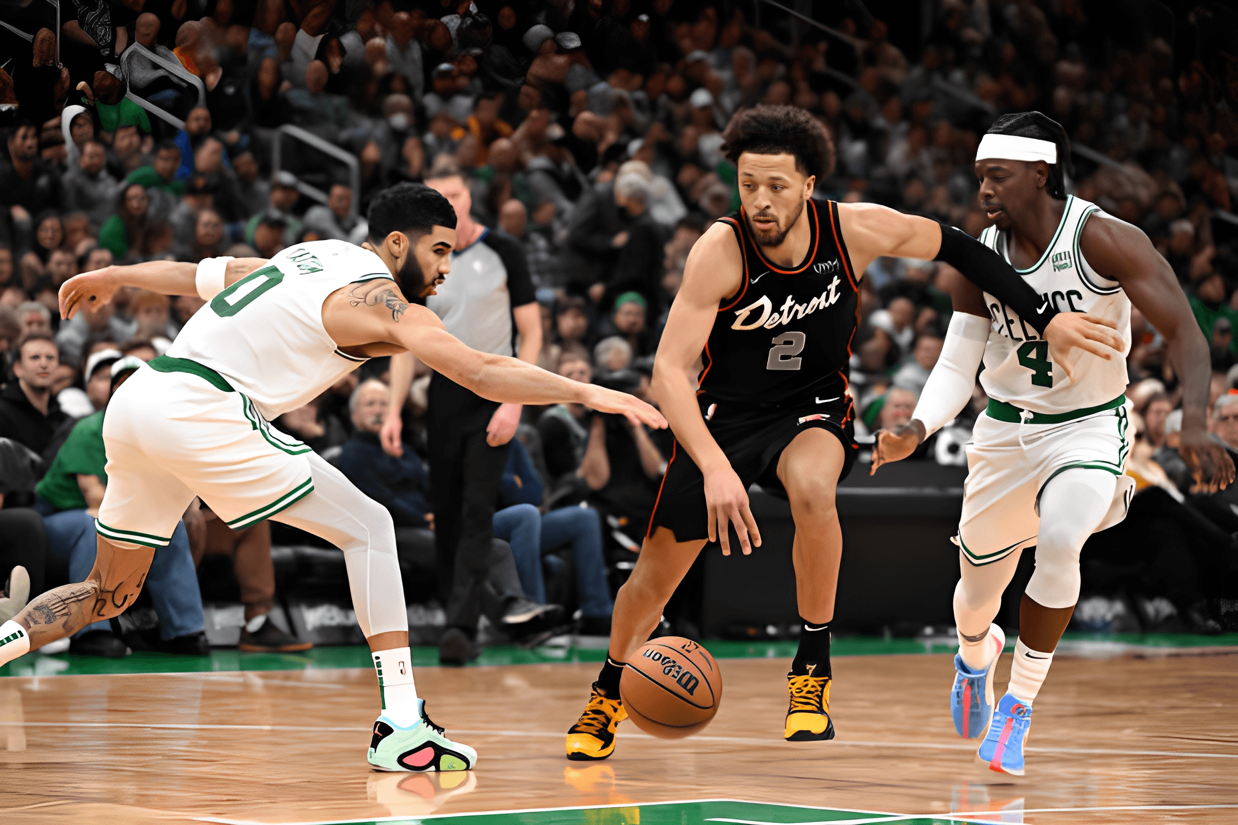 Cade Cunningham drives past Jayson Tatum and Jrue Holiday of the Celtics during a game at TD Garden in Boston.