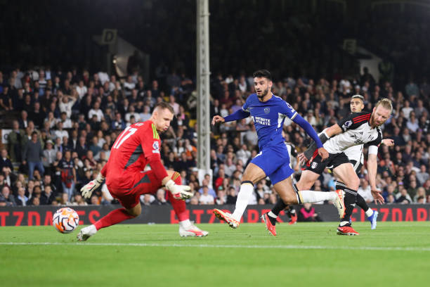 Armando Broja scores second goal for Chelsea in Premier League match against Fulham at Craven Cottage, London.