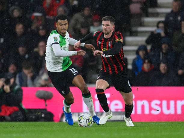 Cody Gakpo battles Chris Mepham for the ball during the Bournemouth vs Liverpool match in the Carabao Cup.