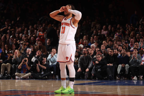 Jalen Brunson #11 of the New York Knicks celebrates a victory against the Washington Wizards at Madison Square Garden.