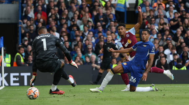 Ollie Watkins scores a goal for Aston Villa in a Premier League match against Chelsea at Stamford Bridge in London, England.