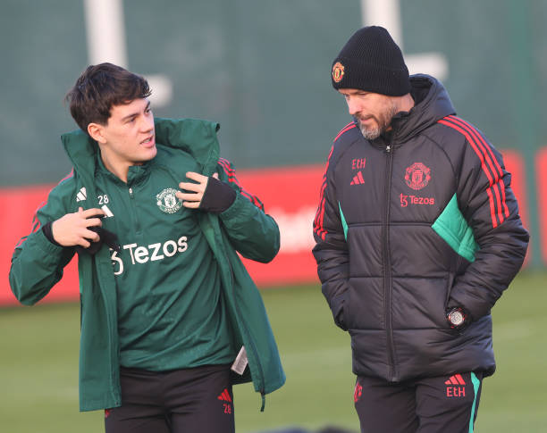 Facundo Pellistri and Manager Erik ten Hag of Manchester United training at Carrington before facing Wigan Athletic.