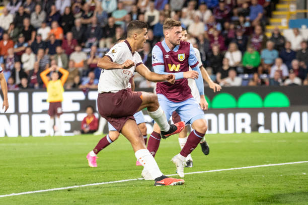 Rodri of Manchester City scores against Burnley in the Premier League match at Turf Moor on August 11, 2023.