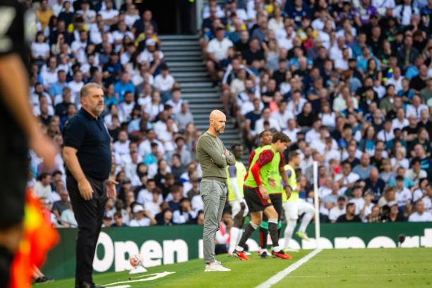 Erik ten Hag, Manchester United's Head Coach, observing the Premier League match at Tottenham Hotspur Stadium in London, UK.