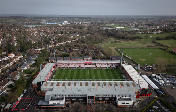 Aerial view of Vitality Stadium before AFC Bournemouth vs Fulham FC match on December 26, 2023 in Bournemouth, England.