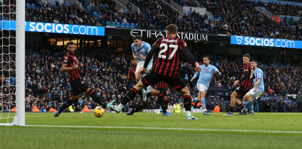 Bernardo Silva scores a goal in the Bournemouth vs Manchester City match at Etihad Stadium on November 4, 2023 in Manchester, England.