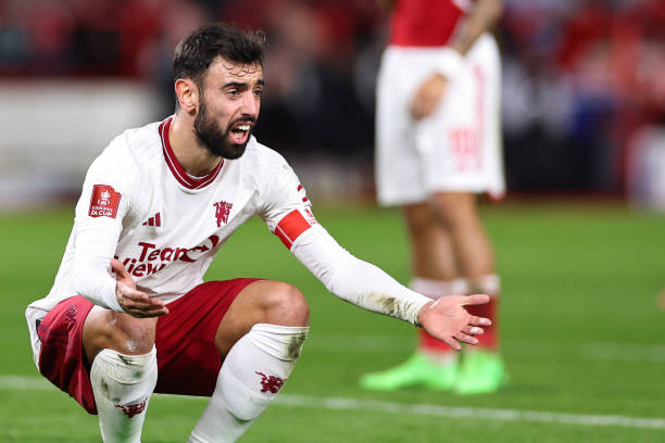 (Erik Ten Hag defends his captain.) Bruno Fernandes reacts during the FA Cup Fifth Round match between Nottingham Forest and Manchester United at City Ground.