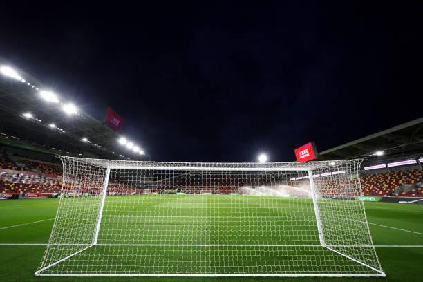 A general view inside the stadium prior to the Premier League match between Brentford FC and Manchester City at Brentford Community Stadium on February 05, 2024 in Brentford, England.
