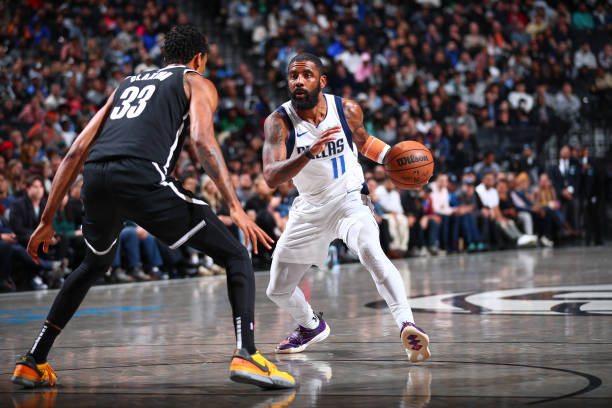 Kyrie Irving of the Mavericks drives to the basket during the game against the Nets at Barclays Center in Brooklyn, New York.