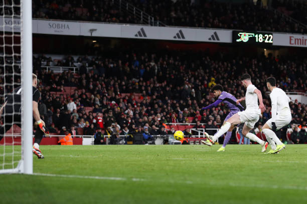 Luis Diaz of Liverpool scores their second goal in the Emirates FA Cup match against Arsenal at Emirates Stadium in London, England.