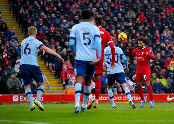 Mohamed Salah scores during the Brentford vs Liverpool Premier League match at Anfield, Liverpool.