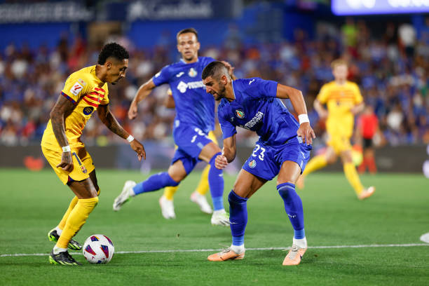 Raphinha in action during the Barcelona vs Getafe La Liga match at the Coliseum Alfonso Perez Stadium in Getafe, Madrid, Spain on August 13, 2023. 
