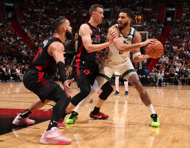 Jayson Tatum of the Celtics handles the ball during the game against the Heat on February 11, 2024 at Kaseya Center in Miami, Florida.