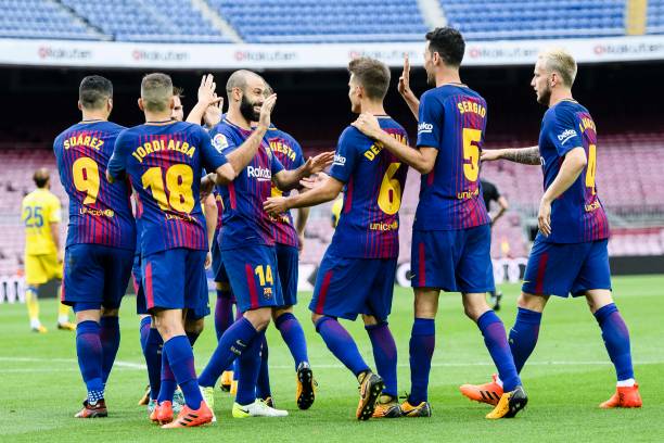 Barca players celebrate during the Barcelona vs Las Palmas La Liga match between at Camp Nou on 01 October 2017. Barca won 3-0.
