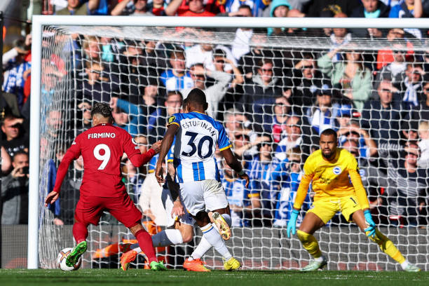 Roberto Firmino scores to make it 2-2 during the Liverpool vs Brighton Premier League match at Anfield on October 1, 2022. The game ended 3-3.