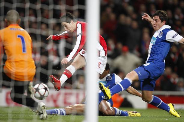 Samir Nasri scores during the Arsenal vs Porto champions league match at the Emirates stadium on 9th March 2010. Arsenal won 5-0.