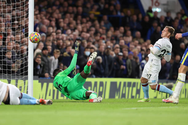 Matej Vydra scores to bring the score level at 1-1 during the Chelsea vs Burnley Premier League match at Stamford Bridge on November 6, 2021.