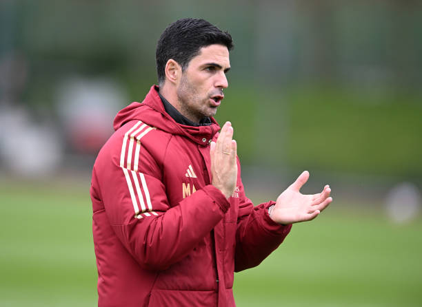 Mikel Arteta during a training session at Sobha Realty Training Centre on April 02, 2024 ahead of the Arsenal vs Luton premier league game.