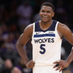 Anthony Edwards of the Timberwolves reacts during the second half of game three of the Western Conference First Round Playoffs against the Phoenix Suns at Footprint Center.