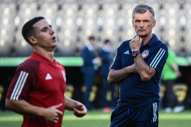 Jose Luis Mendilibar looks on during a training session at the Aghia Sophia Stadium in Athens on May 28, 2024, on the eve of the Fiorentina vs Olympiacos Conference League final match.