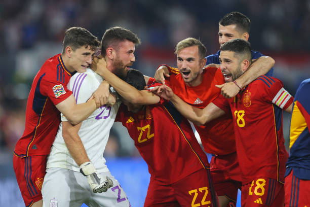 Unai Simon celebrate with his teammates after saving a penalty kick during the Spain vs Croatia UEFA Nations League 2022/23 final match at De Kuip on June 18, 2023 in Rotterdam, Netherlands. 